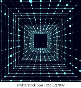 Cyber square tunnel consisting of moving glowing points. Futuristic infinite space background. Concept of data transfer in cyberspace. Hi-tech illustration. Vector illustration.