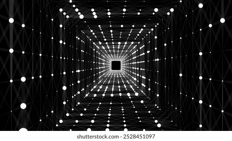 Cyber square tunnel consisting of moving glowing points. Futuristic infinite space background. Concept of data transfer in cyberspace. Hi-tech illustration. Vector illustration.