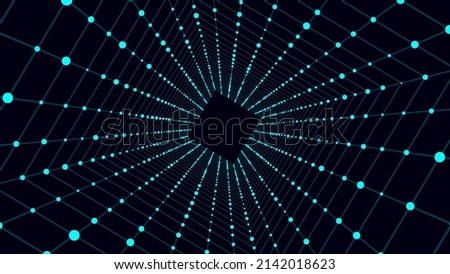 Cyber square tunnel consisting of moving glowing points. Futuristic infinite space background. Concept of data transfer in cyberspace. Hi-tech illustration. Vector illustration.