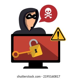 Cyber ​​criminal stealing user's personal data. Hacker attack and web security. Internet phishing concept. Black hooded hacker with computers trying to cyber attack. programming code.