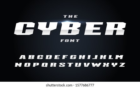 Cyber style letters set. Bold italic steel alphabet with slant. Font for fast and power effect, auto sport and new technology design. Vector typography design on black background.