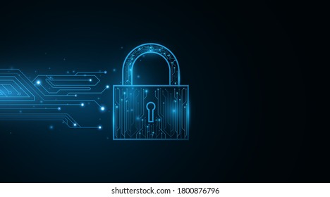 Cyber style security lock. Password protection of computer system data and files. Scientific background. Glowing blue motherboard circuit. Vector illustration. EPS 10.