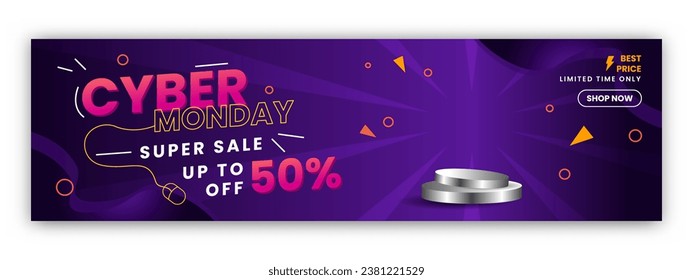 Cyber ​​monday super sale banner 50% off with product podium display