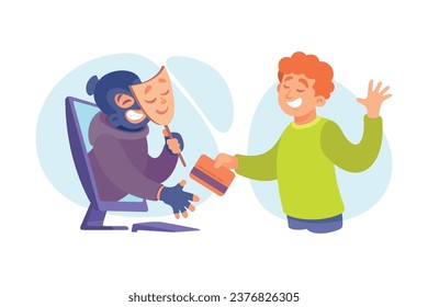 Cyber Swindler Man in Mask Hacking Internet Steal Money Take Card Vector Illustration