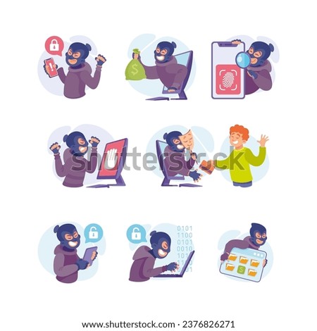 Cyber Swindler Man in Mask Hacking Internet Steal Money Vector Set