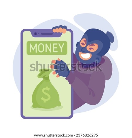 Cyber Swindler Man in Mask Hacking Internet Steal Money Vector Illustration