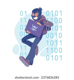 Cyber Swindler Man in Mask with Laptop Hacking Internet Steal Money Vector Illustration