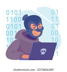 Cyber Swindler Man in Mask at Laptop Hacking Internet Steal Money Vector Illustration