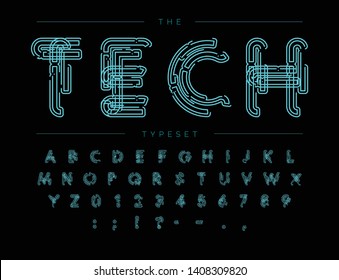 Cyber Tech Font. Contour Scheme Style Vector Alphabet. Letters And Numbers For Digital Product, Security System Logo, Banner, Monogram And Poster. Typeset Design.