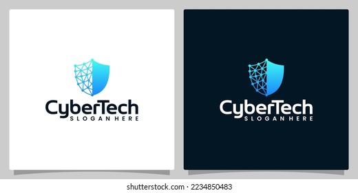 Plantilla de diseño de logotipo de tecnología cibernética con ilustración vectorial de diseño gráfico de blindaje de red. Símbolo de tecnología, seguridad, internet, sistema, inteligencia artificial e informática.