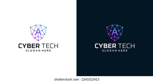 Plantilla de diseño de logotipo de tecnología cibernética con letra inicial Ilustración vectorial de diseño gráfico A. Símbolo de tecnología, seguridad, internet, sistema, inteligencia artificial e informática.