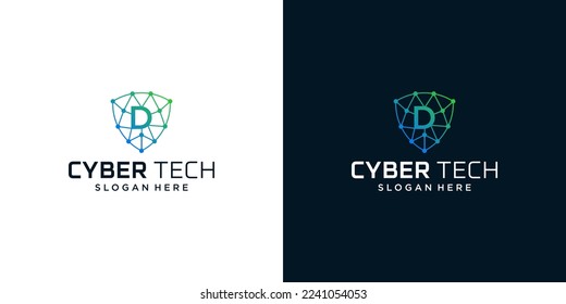 Cyber tech logo design template with initial letter D graphic design vector illustration. Symbol for tech, security, internet, system, Artificial Intelligence and computer.