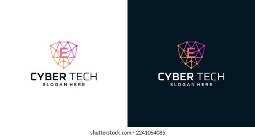 Cyber tech logo design template with initial letter E graphic design vector illustration. Symbol for tech, security, internet, system, Artificial Intelligence and computer.