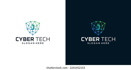 Cyber tech logo design template with initial letter J graphic design vector illustration. Symbol for tech, security, internet, system, Artificial Intelligence and computer.