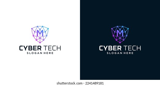 Plantilla de diseño de logotipo de tecnología cibernética con letra inicial M ilustración vectorial de diseño gráfico. Símbolo de tecnología, seguridad, internet, sistema, inteligencia artificial e informática.