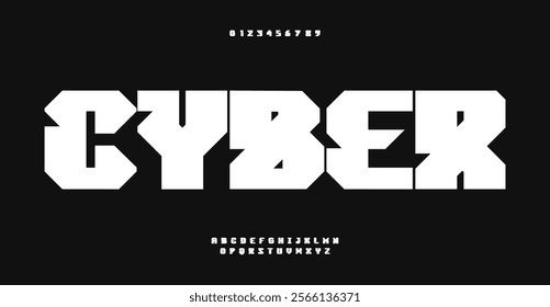 Cyber tech typeface, futuristic block letters, digital display font for tech branding, gaming interface, sci-fi headlines, contemporary digital design. Vector typeset.