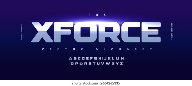 Cyber techno alphabet, bold force metal glossy font, futuristic esport font for space gaming logo, powerful digital sign headline, metallic typographic design, modern sci-fi typography. Vector typeset