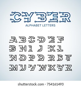 Cyber Techno type font alphabet. Digital hi-tech style letters, numbers and symbols. Stock vector for your headlines, posters etc. Isolated vector illustration.