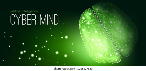 Cyber Technology, Artificial Intelligence and Machine Learning. Big Data Visualization, 3d Cyber Mind with Information Stream. Futuristic Digital Technology, Human Brain Analysis. Tech Virtual Reality