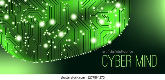 Cyber Technology, Artificial Intelligence and Machine Learning. Big Data Visualization, 3d Cyber Mind with Information Stream. Futuristic Digital Technology, Human Brain Analysis. Tech Virtual Reality