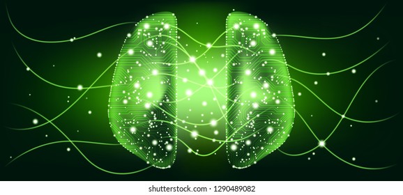 Cyber Technology, Artificial Intelligence and Machine Learning. Big Data Visualization, 3d Cyber Mind with Information Stream. Futuristic Digital Technology, Human Brain Analysis. Tech Virtual Reality