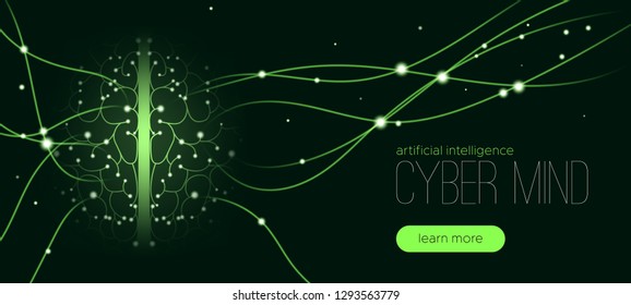 Cyber Technology, Artificial Intelligence and Machine Learning. Big Data Visualization, 3d Cyber Mind with Information Stream. Futuristic Digital Technology, Human Brain Analysis. Tech Virtual Reality