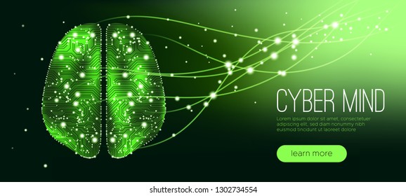 Cyber Technology, Artificial Intelligence and Machine Learning. Big Data Visualization, 3d Cyber Mind with Information Stream. Futuristic Digital Technology, Human Brain Analysis. Tech Virtual Reality