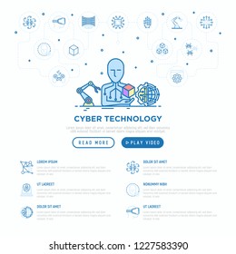 Cyber technology concept: Ai creates 3D. Thin line icons: virtual reality glasses, bionics, robotics, global network, computer game, microprocessor, nano robots. Vector illustration, web page template