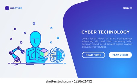Cyber technology concept: Ai creates 3D. Thin line icons: robotic arm, global network. Vector illustration, web page template.