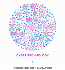 Cyber technology concept in circle with thin line icons: ai, virtual reality glasses, bionics, robotics, global network, computer game, microprocessor, nano robots, blockchain. Vector illustration.