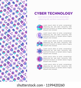 Cyber technology concept with thin line icons: ai, virtual reality glasses, bionics, robotics, global network, computer game, microprocessor, nano robots. Vector illustration, web page template.