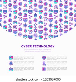 Cyber technology concept with thin line icons: ai, virtual reality glasses, bionics, robotics, global network, computer game, microprocessor, nano robots. Vector illustration, web page template.