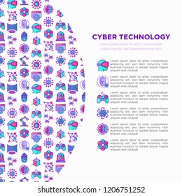 Cyber technology concept with thin line icons: ai, virtual reality glasses, bionics, robotics, global network, computer game, microprocessor, nano robots. Vector illustration, web page template.