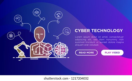 Cyber technology concept with thin line icons: ai, virtual reality glasses, bionics, robotics, computer game, face identification. Vector illustration, web page template on gradient background.