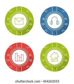 Cyber technology flat design long shadow icons set. Digital music, web traffic analysis, email security, smart house concepts. Letter, headphones, chart and home vector symbols