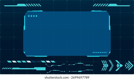 Tecnologia cibernética HUD Display Background Vetor Set Interface. Quadro de painel digital futurista em tons azuis brilhantes, projetado com elementos modernos de HUD e layout perfeito de interface virtual 
