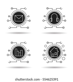 Cyber technology icons set. Music, statistics, email and smart house concepts. Letter, headphones, chart and home. Vector white illustrations in black circles