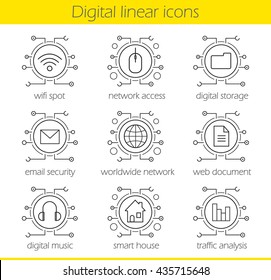 Cyber technology linear icons set. Cloud computing. Wifi, access, digital storage, email security, worldwide network, web document, digital music, smart house. Thin line. Isolated vector illustrations