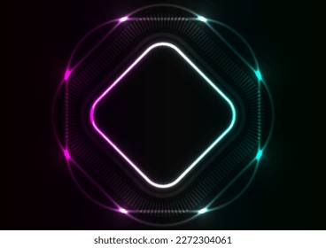 Tecnología cibernética neón cuadrado futuro moderno fondo oscuro. Ilustración del vector abstracto.