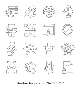Cyber technology, networks, protection, connection. Vector icons set. Technologies of digital space. Editable Stroke. EPS 10