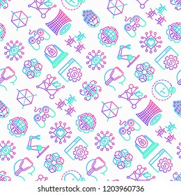 Cyber technology seamless pattern with thin line icons: ai, virtual reality glasses, bionics, robotics, global network, microprocessor, nano robots, blockchain, electronic eye. Vector illustration.