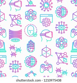 Cyber technology seamless pattern with thin line icons: ai, virtual reality glasses, bionics, robotics, global network, computer game, microprocessor, nano robots, electronic eye. Vector illustration.