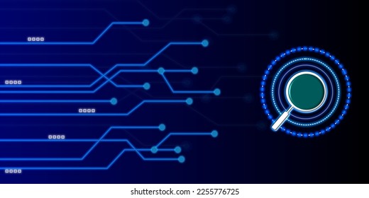 Búsqueda de cibertecnología por amplificador en red de línea electrónica.  Imagen vectorial.