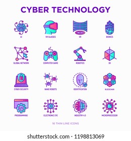 Cyber technology thin line icons set: ai, virtual reality glasses, bionics, robotics, global network, computer game, microprocessor, nano robots, blockchain, electronic eye. Vector illustration.