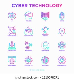 Cyber technology thin line icons set: ai, virtual reality glasses, bionics, robotics, global network, computer game, microprocessor, nano robots, blockchain, electronic eye. Vector illustration.