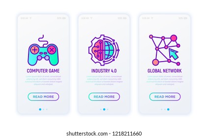 Cyber technology thin line icons set: global network, computer game, industry 4.0. Vector illustration for user mobile interface.