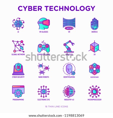 Cyber technology thin line icons set: ai, virtual reality glasses, bionics, robotics, global network, computer game, microprocessor, nano robots, blockchain, electronic eye. Vector illustration.