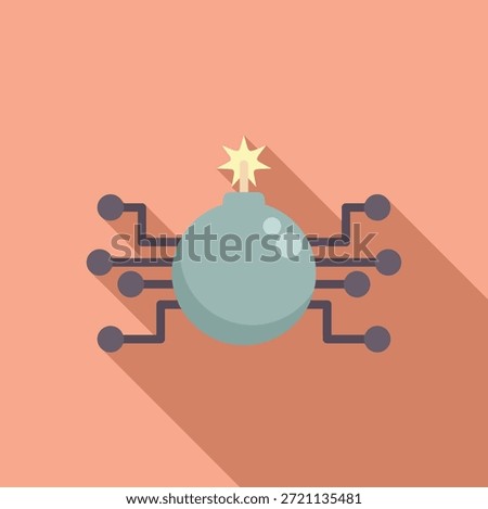 Cyber terrorism concept with bomb connecting to an electronic circuit, long shadow flat design