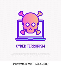 Cyber terrorism, hacker's attack thin line icon: opened laptop with skull. Modern vector illustration.