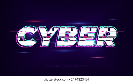 Cyber text effect or typography with glitch, glowing neon light and retro futuristic background. Neon text for technology or cyberspace network security business. Cyber monday or night party banner.